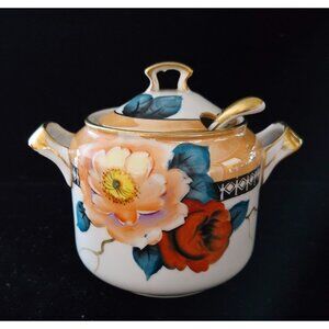 Hand-Painted Noritake Morimura Sugar Bowl With Lid & Spoon, hand painted Floral